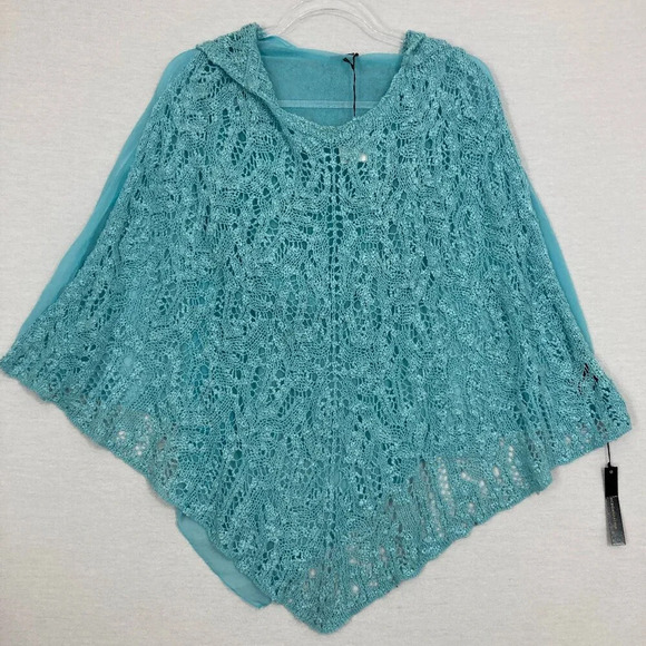 New BCBGMaxAzria Blue Turquoise Mixed Media Boho Crochet Chiffon Poncho Top XL - Picture 1 of 12